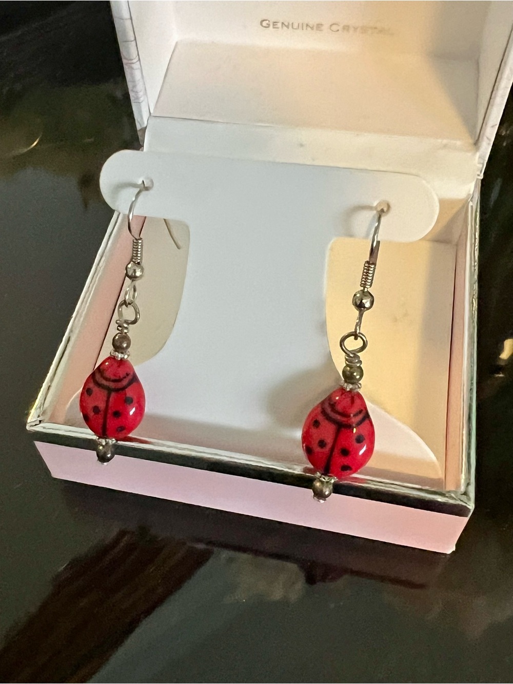 Red Ladybug Dangle Earrings - Handmade, Glass